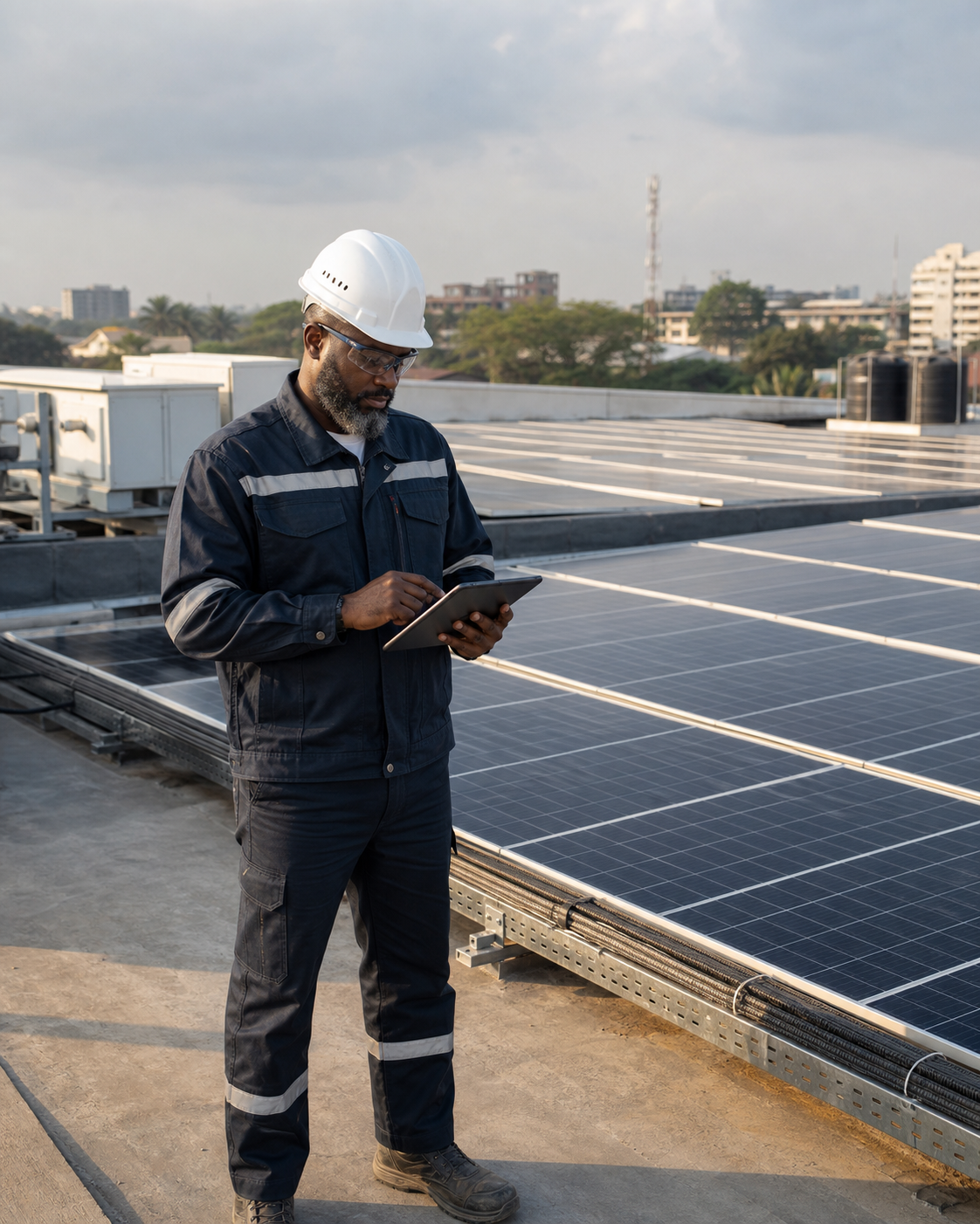 NSGTECH engineer inspecting a commercial rooftop solar installation