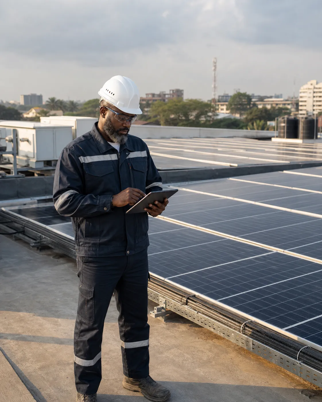 NSGTECH engineer inspecting a commercial rooftop solar installation